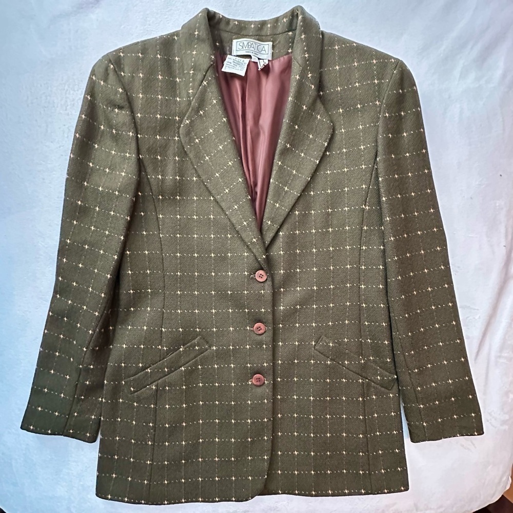 Vintage Simpatica Windowpane Check Green Blazer Jacket 6 Wool Cashmere Italy